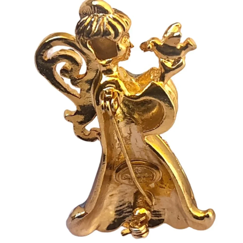 Christopher Radko Vintage Christmas Angel Brooch Blue Enamel Rhinestones Dove